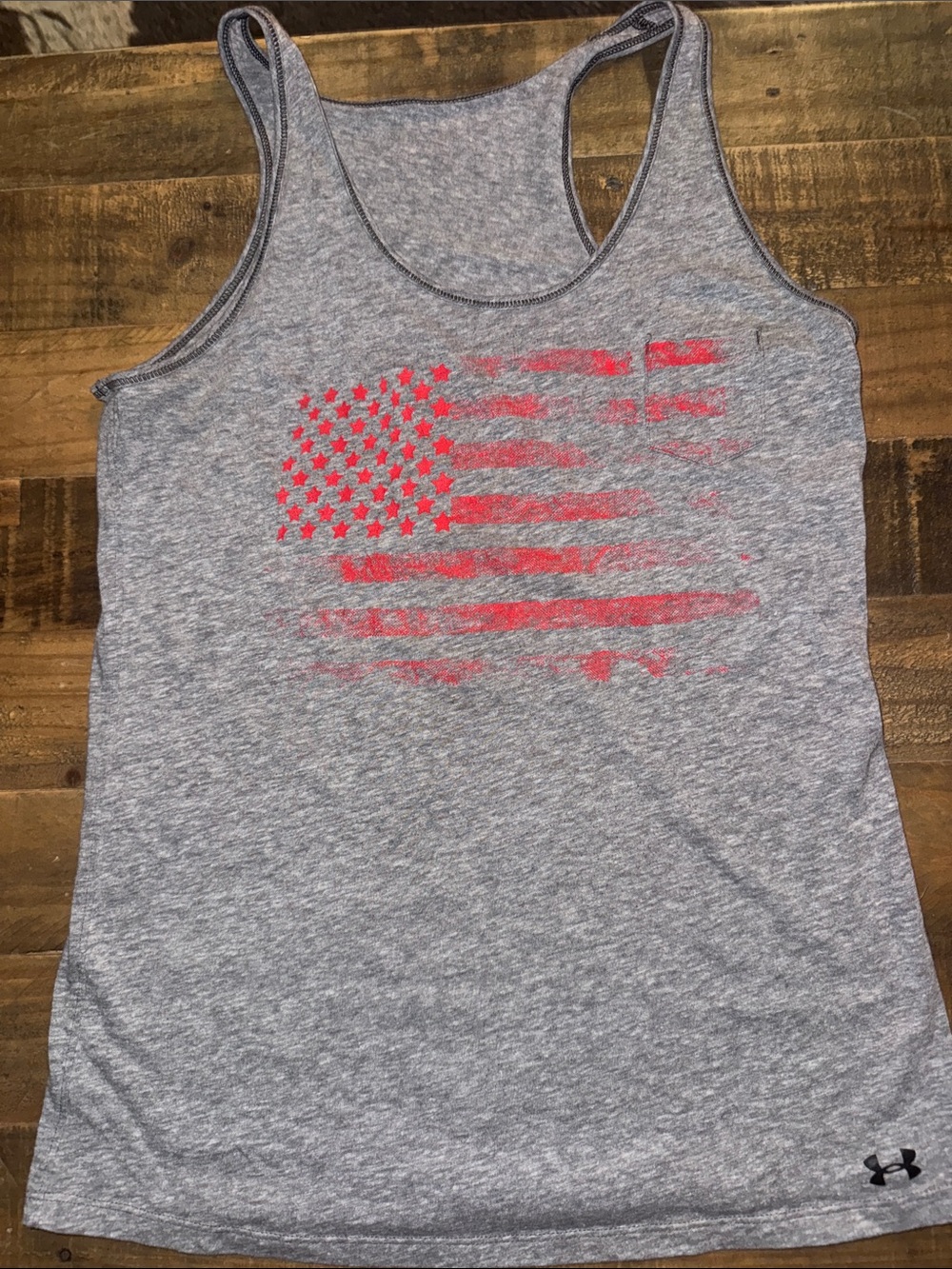 Under Armour Heather Gray Racerback Tank with Faded Red Flag